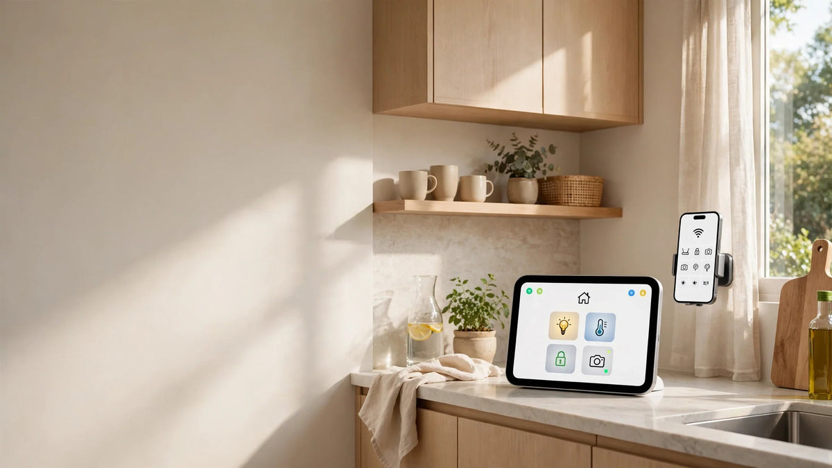 Apple HomeView smart display on a kitchen counter beside a wall-mounted smartphone running a smart home dashboard