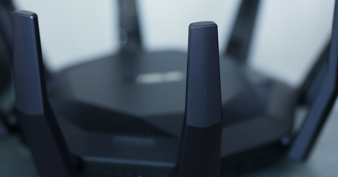 Close-up of WiFi router antennas broadcasting wireless signals on 2.4 GHz channels