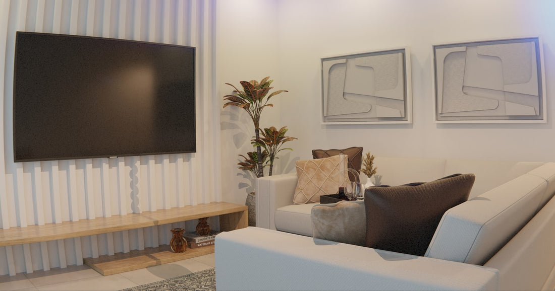 Modern living room with wall mounted television and artwork for a Samsung The Frame TV style guide