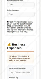 Etsy Income Tax & HST Calculator for Canadian Sellers - CRA template, variant view