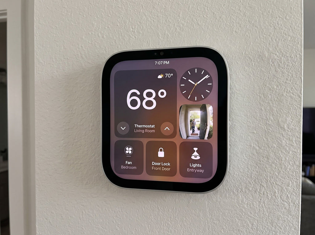 Apple HomeView mounted on a hallway wall