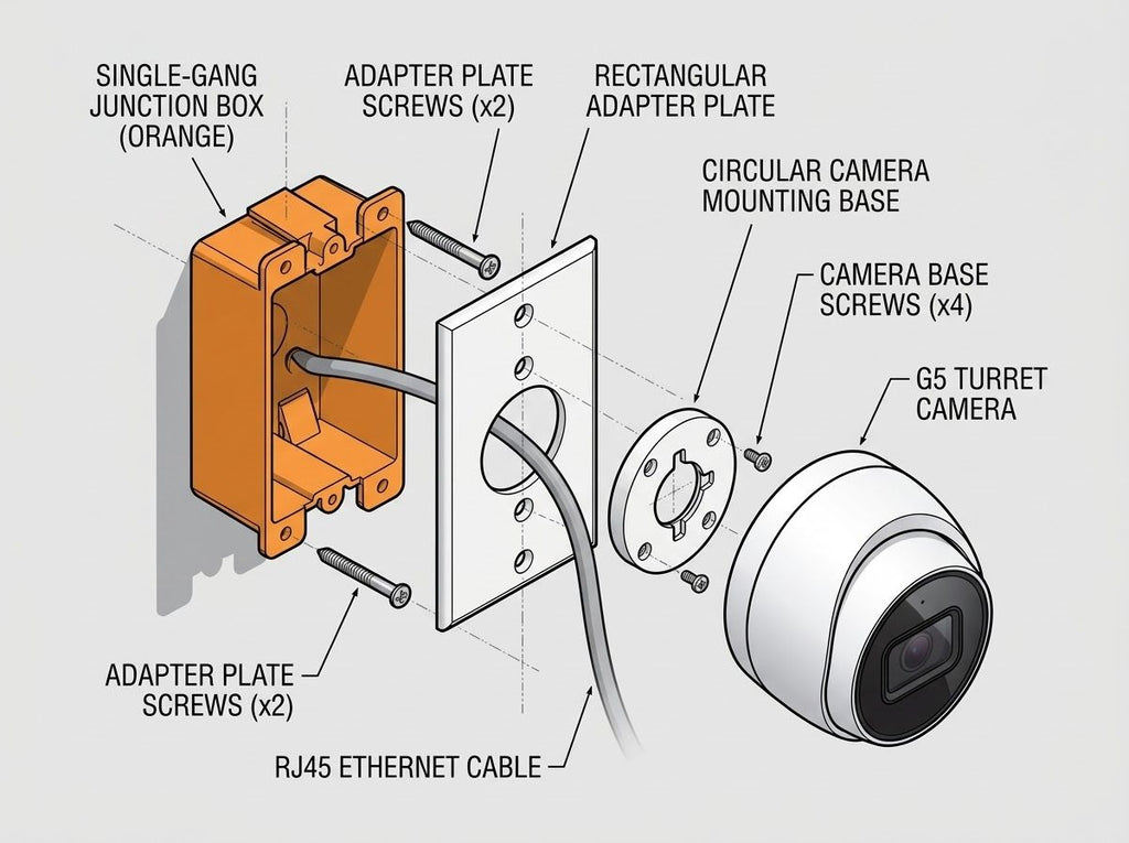 Exploded install diagram: single-gang box, adapter plate, G5 Turret mounting base, camera and Ethernet cable