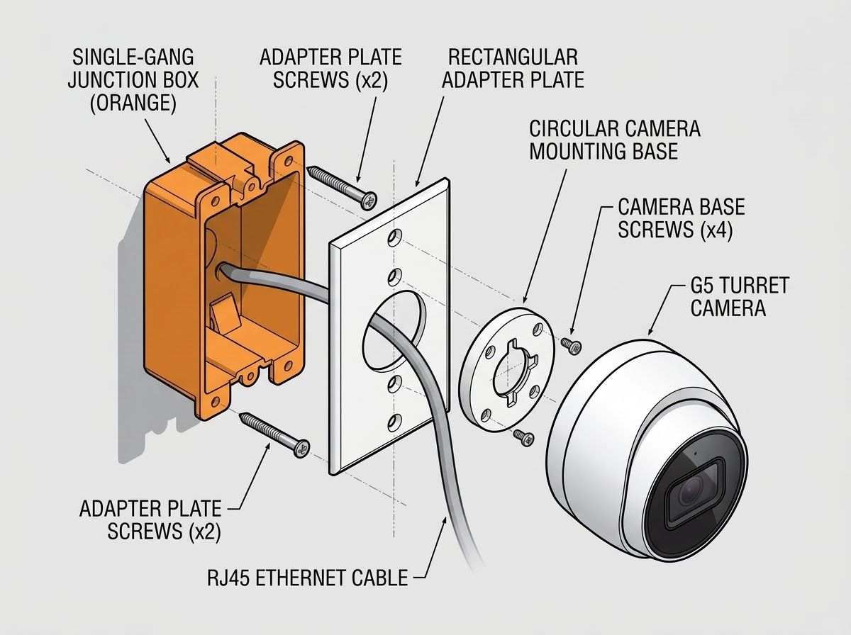 Exploded install diagram: single-gang box, adapter plate, G5 Turret mounting base, camera and Ethernet cable