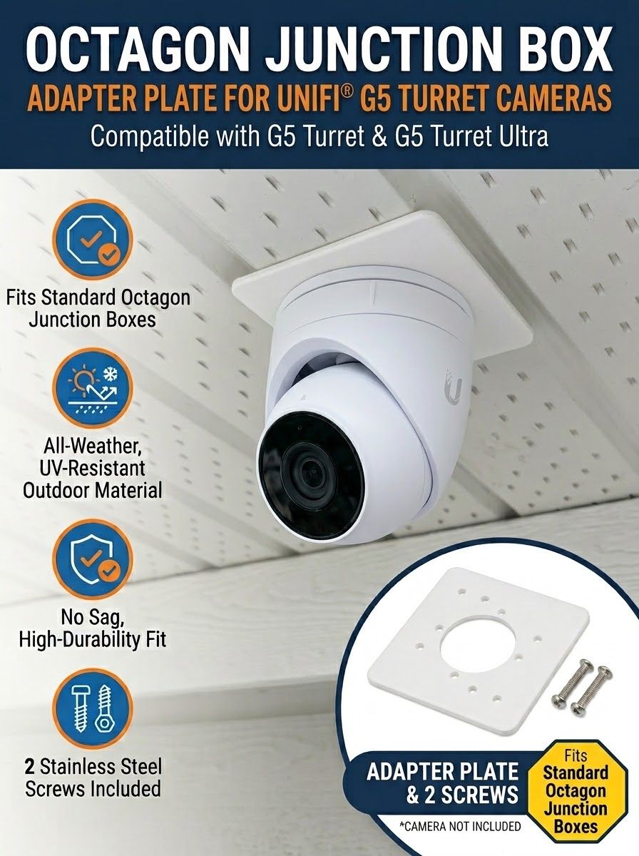 Square adapter plate mounting a UniFi G5 Turret camera to an octagon junction box under a soffit