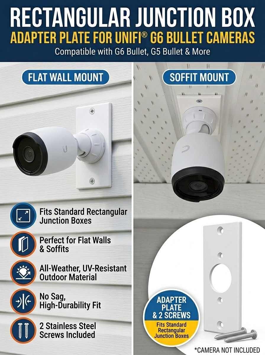 Rectangular adapter plate mounting a UniFi G6 Bullet camera on a single-gang junction box, on a wall and a soffit