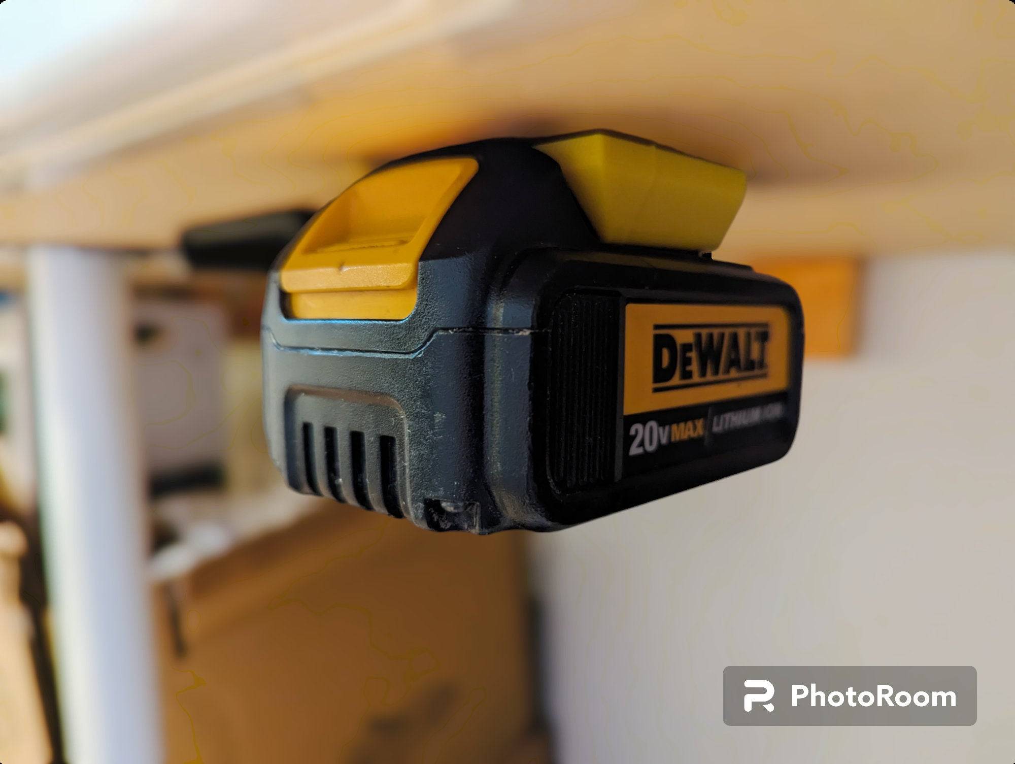 dewalt 20v  battery mounted to a table