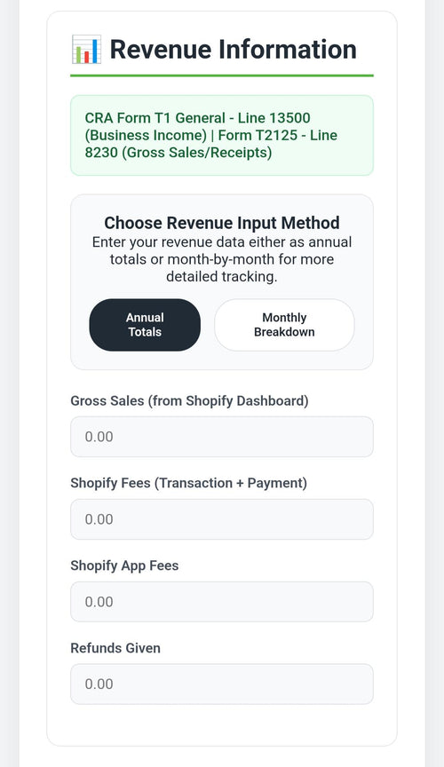 Canadian Shopify & Etsy Tax Template - CRA T2125 Form Helper template, side view
