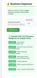 Canadian Shopify & Etsy Tax Template - CRA T2125 Form Helper template, detail view