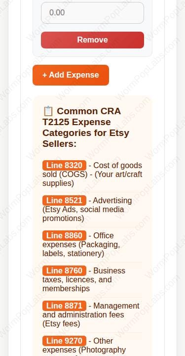 Etsy Tax Template | Small Business Bookkeeping Spreadsheet for CRA | Canadian Canada T2125 Form Helper