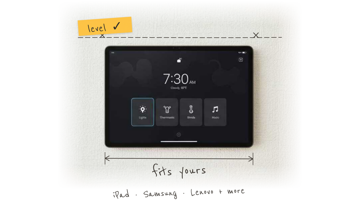 Tablet mounted level on a wall, fits iPad, Samsung, Lenovo and more